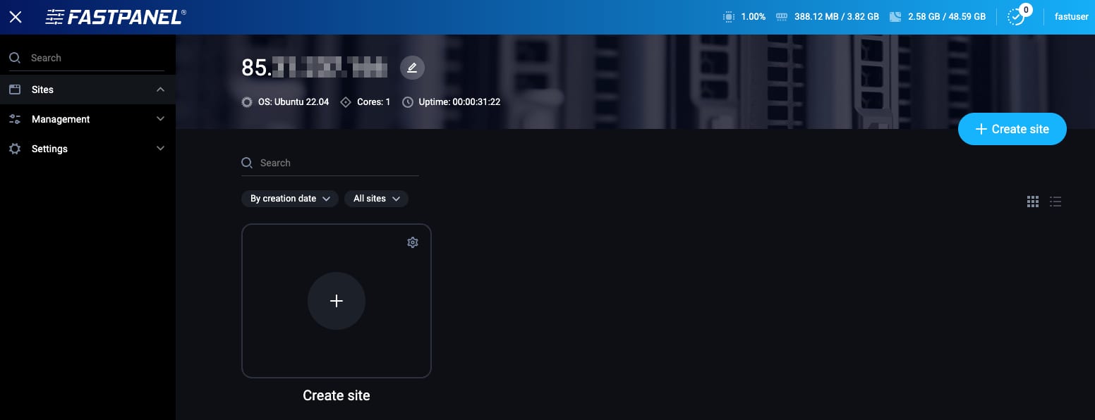 The FASTPANEL options to add a website 