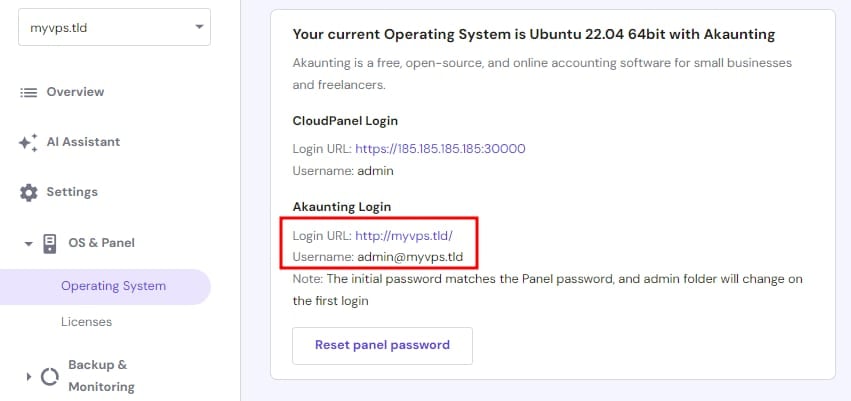 The hPanel VPS Operating System section showing the Akaunting login URL and username