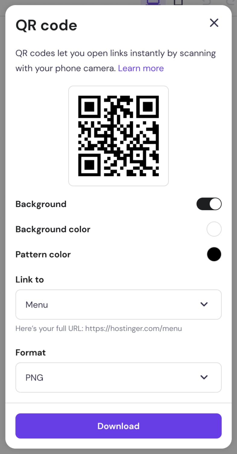 Creating a QR code of a page in Hostinger Website Builder