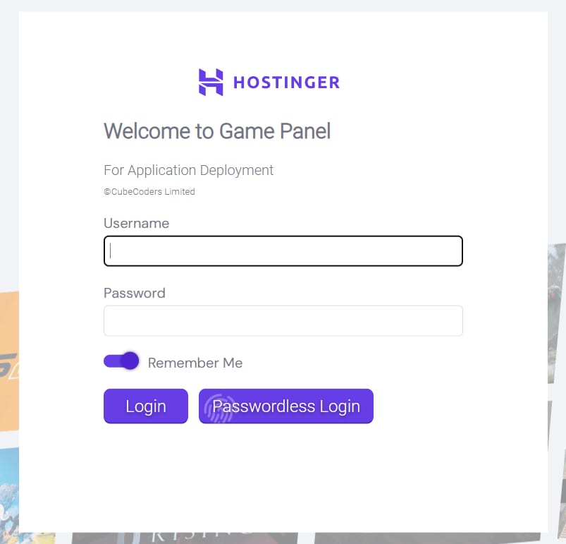Game Panel login screen