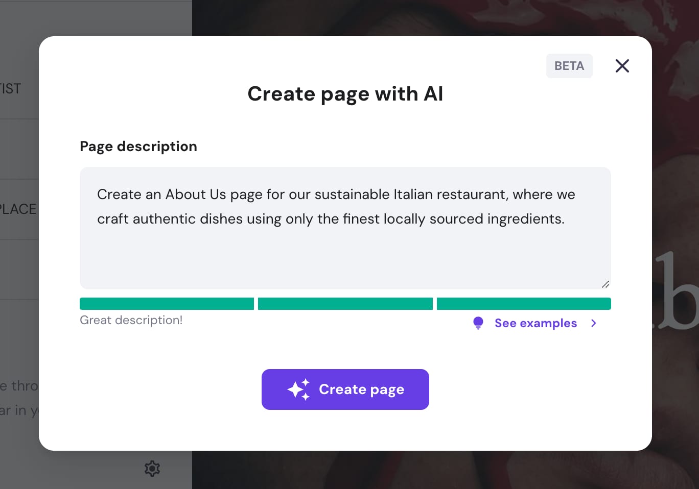 Creating a section description while generating a section with Hostinger Website Builder