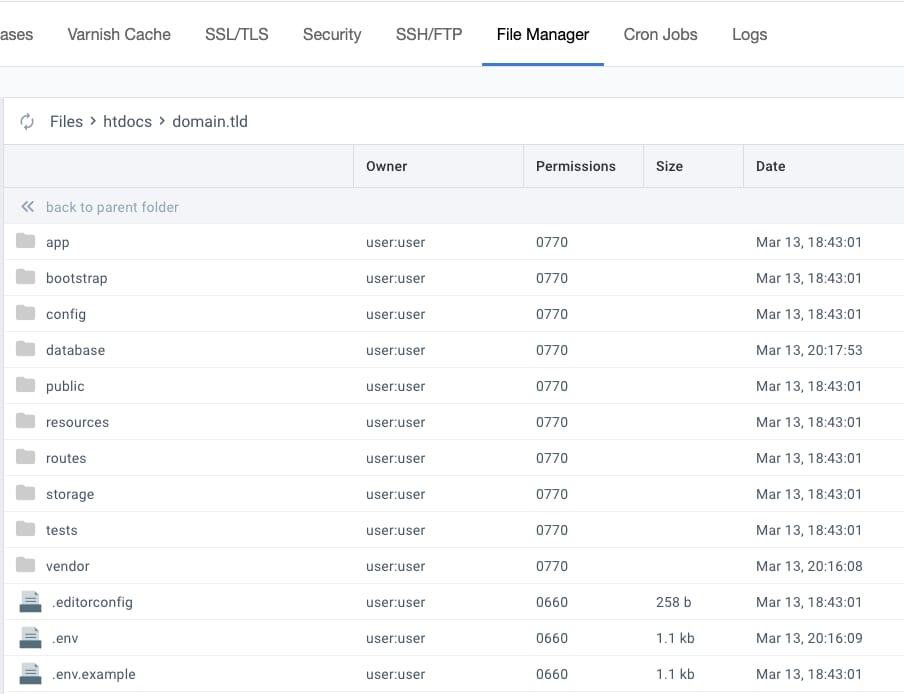 Exploring Laravel's structure in the file manager