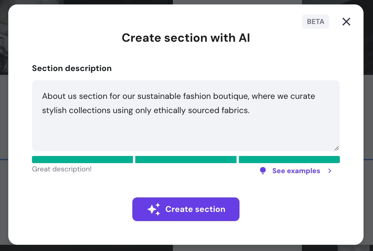 Creating a section description while generating a section with Hostinger Website Builder