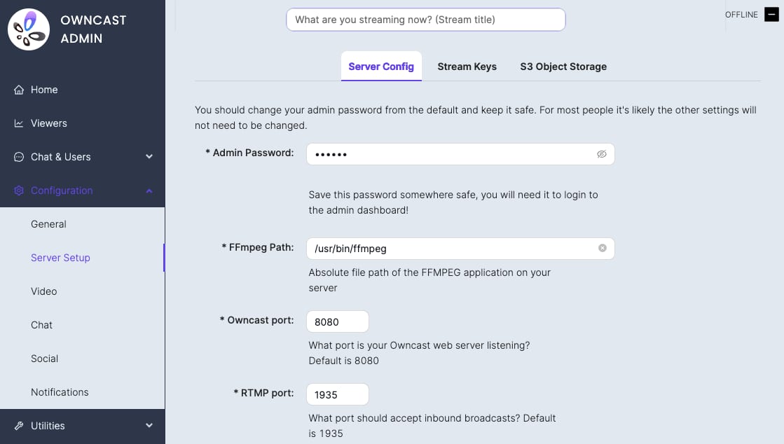 The Owncast configuration, server setup page showing the options in the server config tab