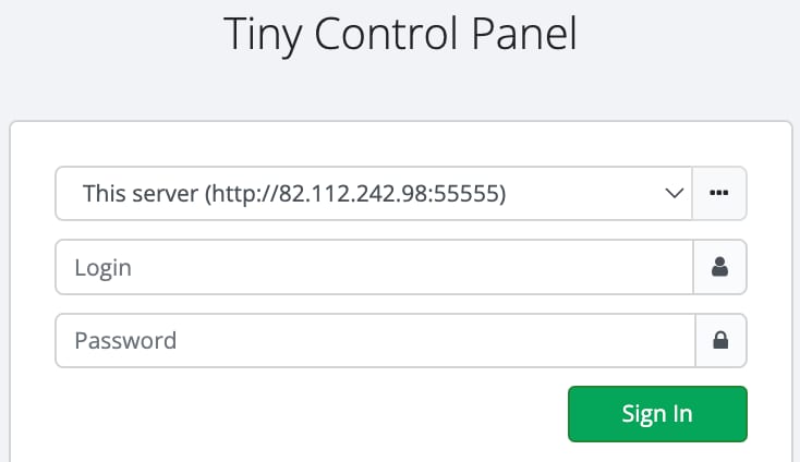 The TinyCP login page