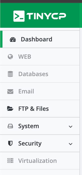 The TinyCP navigation bar showing the hosting management options