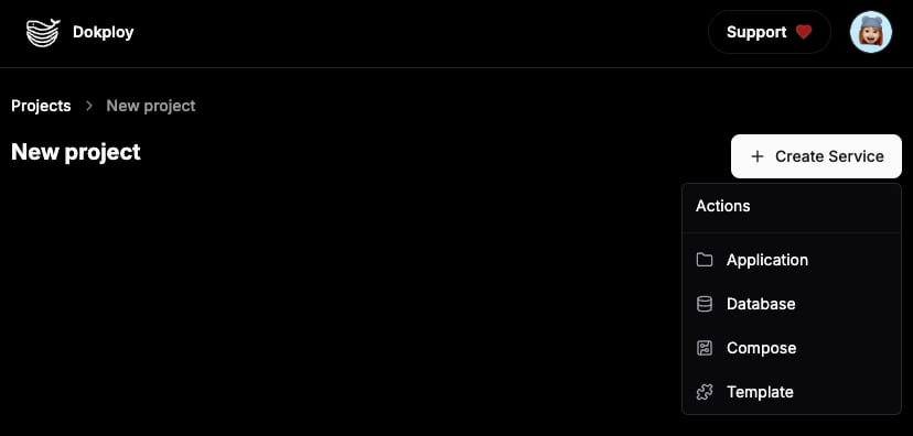 The Dokploy New Project options after clicking on Create Service.
