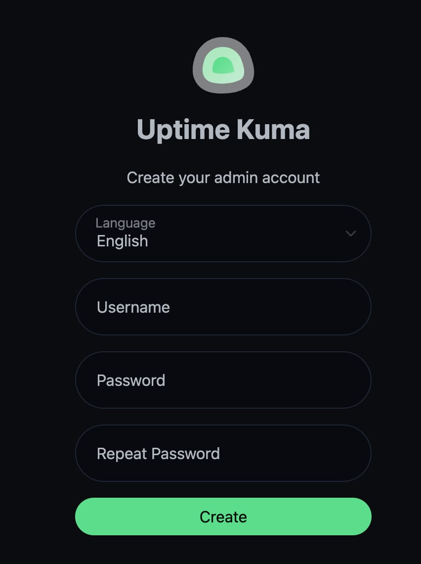The Uptime Kuma account creation page.