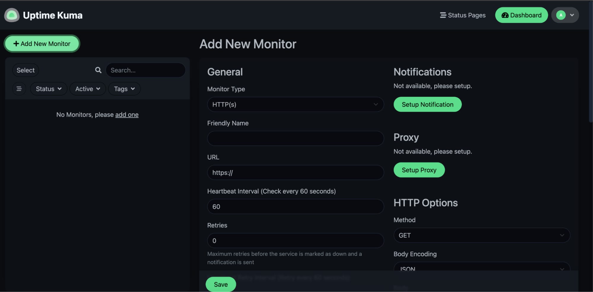 The Uptime Kuma options to create a new monitor.