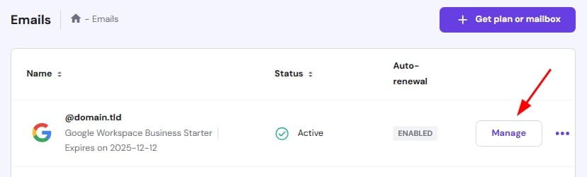 The Email section showing how to access email management for a domain.