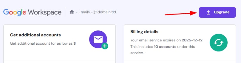 The Google Workspace option to upgrade on hPanel at Hostinger