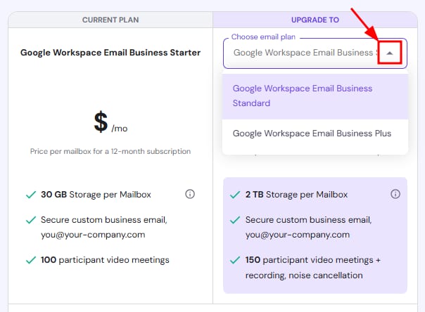 The Google Workspace upgrade options.