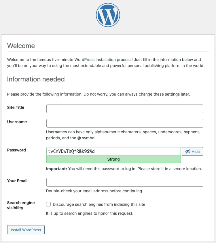 WordPress setup window