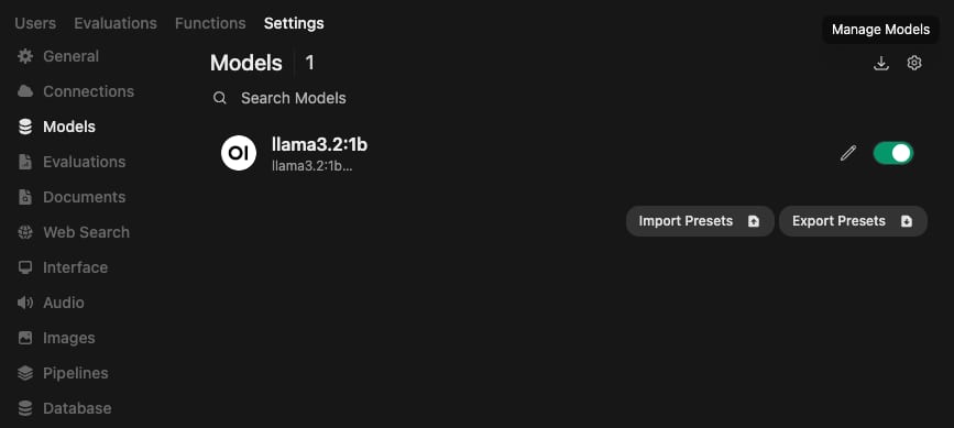 OpenWebUI models settings