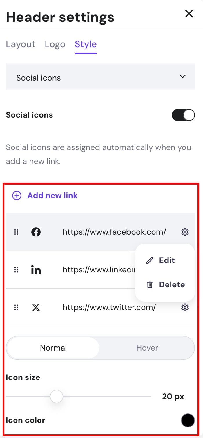 Adding social media icons to the website's header section