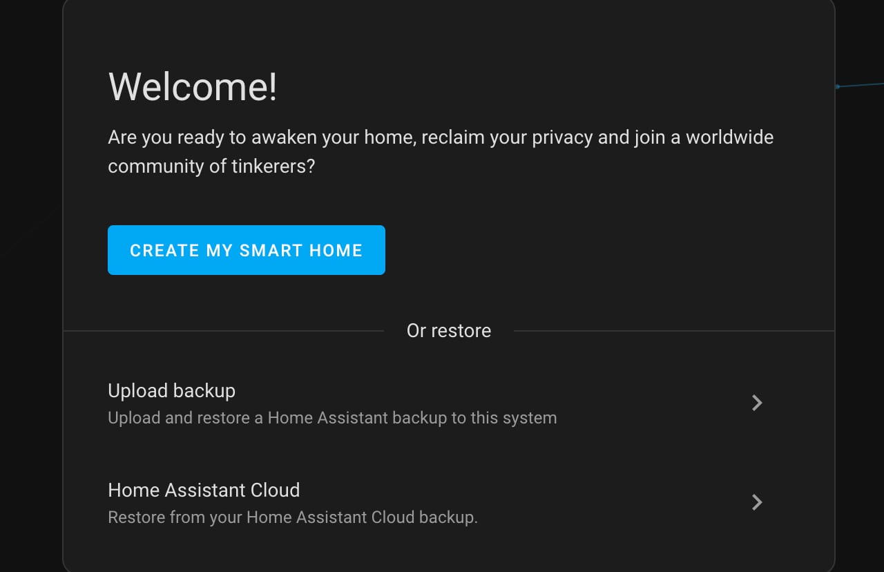 Home Assistant welcome screen