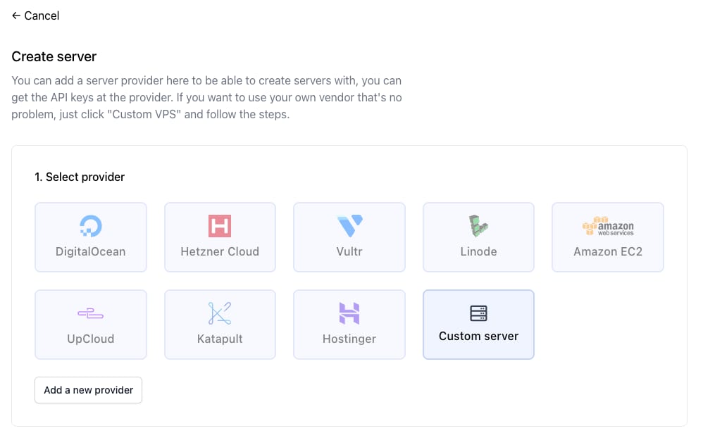 Hostinger provider selection on Ploi.io