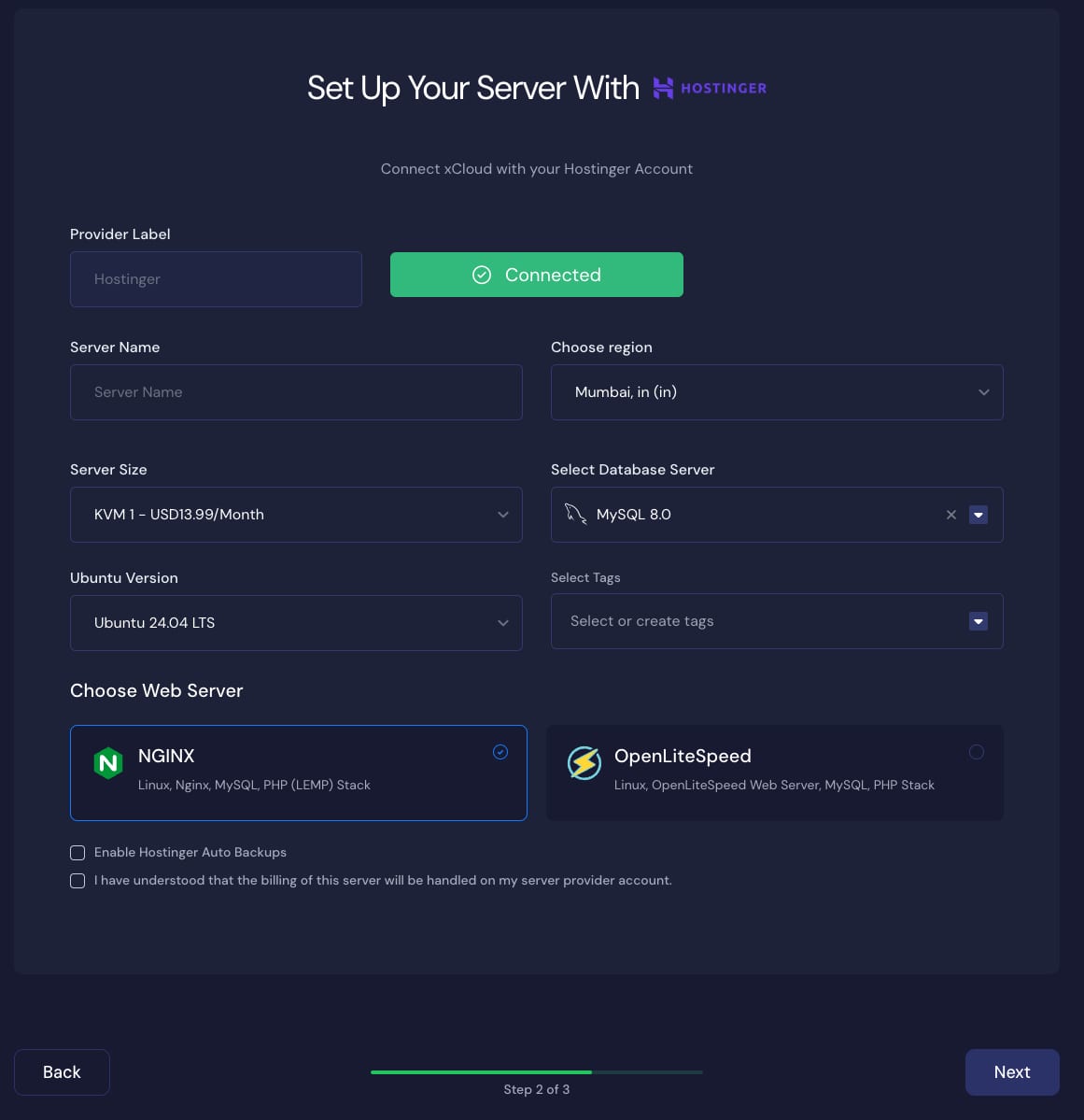 xCloud.host Hostinger VPS configuration