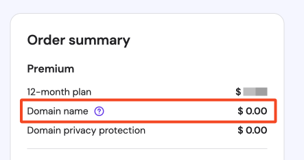Hostinger cart order summary showing a free domain added.
