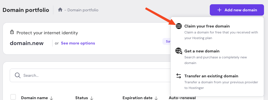 Free domain claim option in the Hostinger hPanel domain portfolio