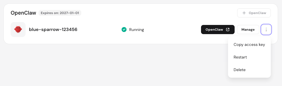 OpenClaw app list with kebab menu open and ellipsis button highlighted