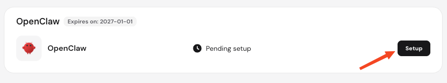 OpenClaw setup card with highlighted Setup button and pending setup status