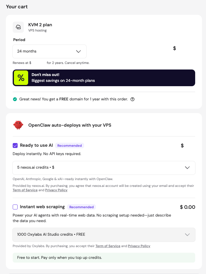 Hostinger VPS cart with OpenClaw add-ons, ready to use AI option selected