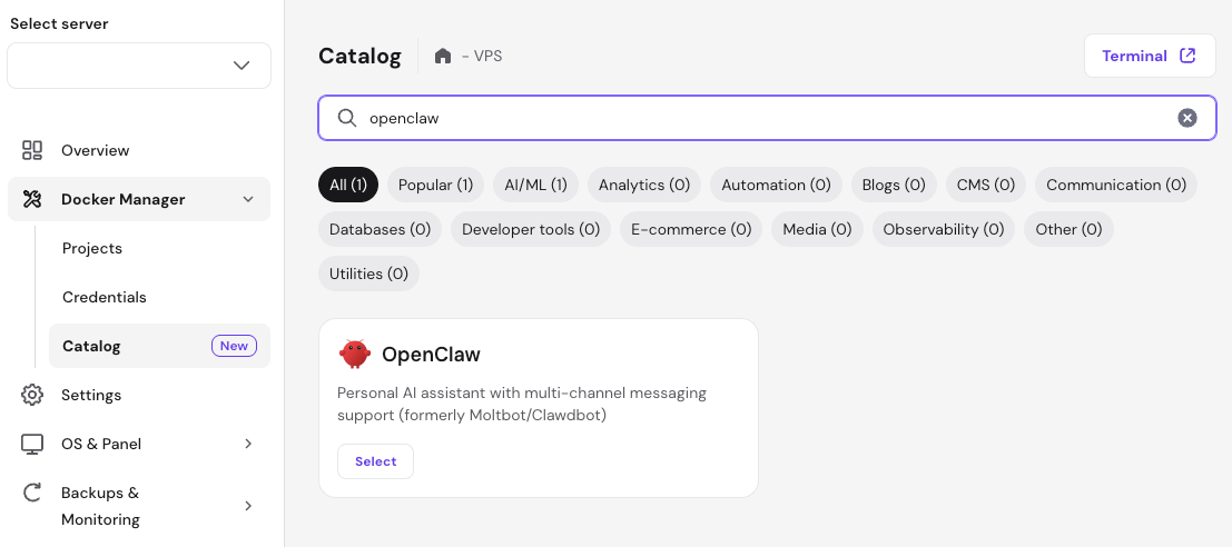 VPS Docker Manager catalog filtered to OpenClaw search result, showing OpenClaw app card