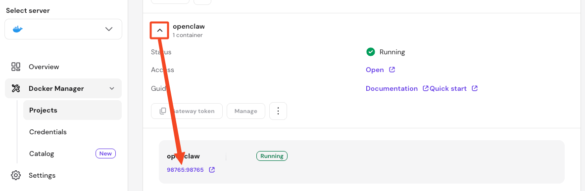 Hostinger Docker Manager showing OpenClaw container port 98765:98765