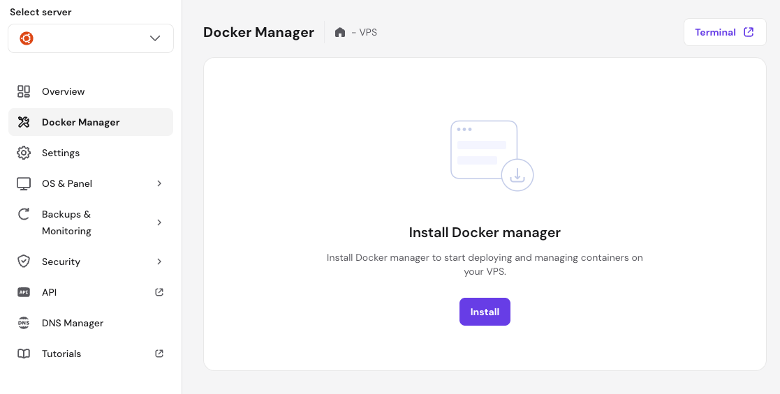 VPS Docker Manager install screen with Install button centered