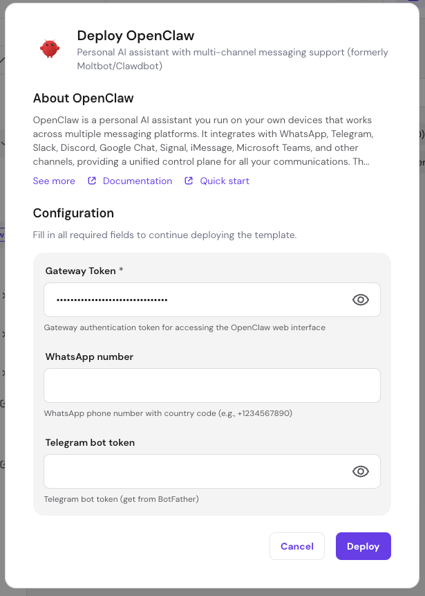 Hostinger VPS Docker deploy form for OpenClaw with gateway, WhatsApp, and Telegram tokens