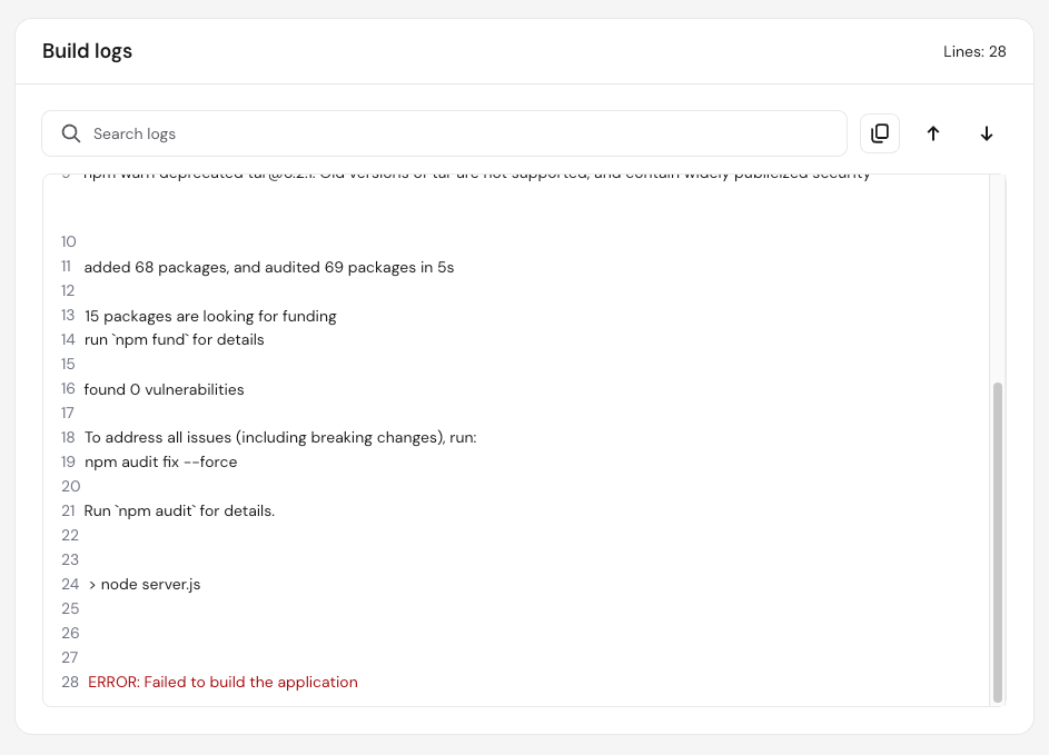 hPanel build logs showing Node.js app error: failed to build the application