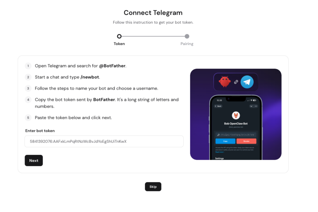 Connect Telegram setup screen with bot token field and Next button