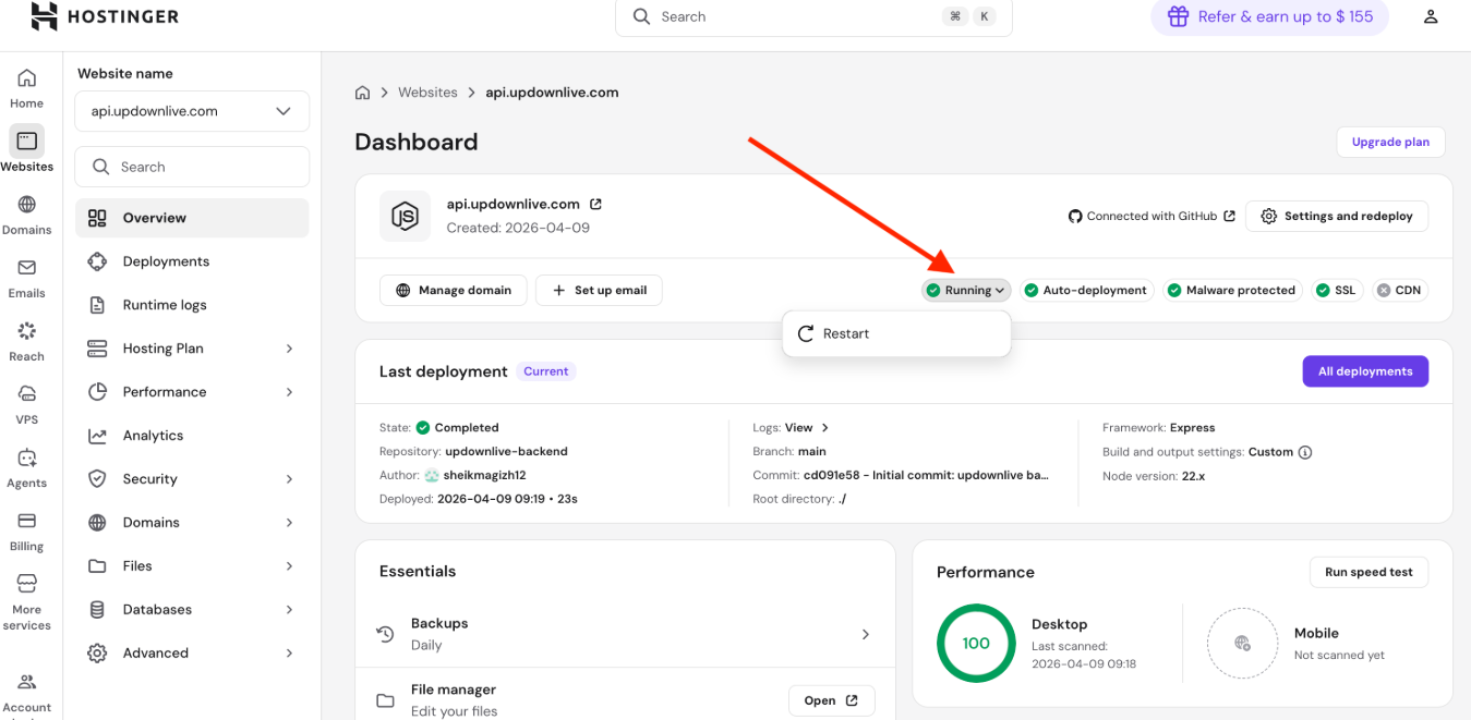 Hostinger website dashboard with the Running status highlighted in the deployment row