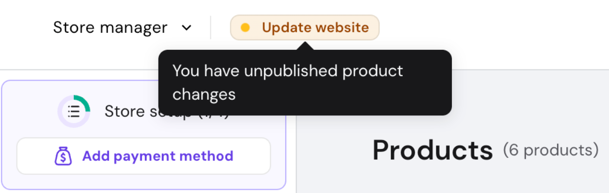 Store manager update website button with tooltip about unpublished product changes