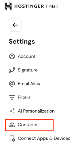 Hostinger Mail settings menu with Contacts option highlighted