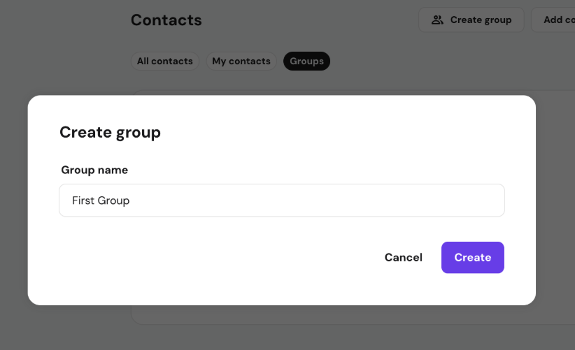 Contacts create group dialog with group name field and Create button highlighted