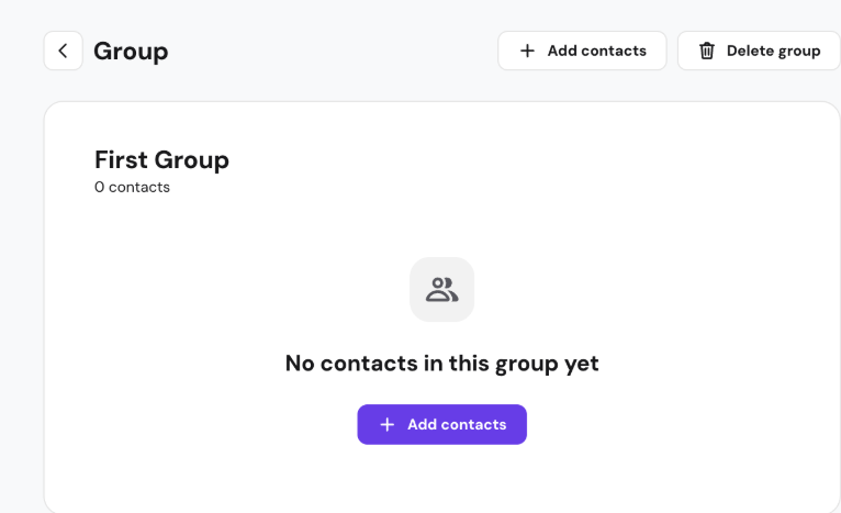 Group page for "First Group" showing no contacts and an Add contacts button