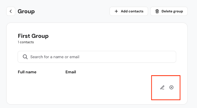 Group contacts page with edit and delete icons highlighted in the lower right