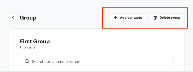 Group page with Add contacts and Delete group buttons in the top right