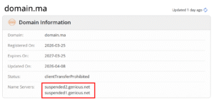Domain information for domain.ma, with name servers highlighted as suspended2.genious.net and suspended1.genious.net
