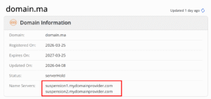 Domain information for domain.ma with status serverHold and highlighted nameservers