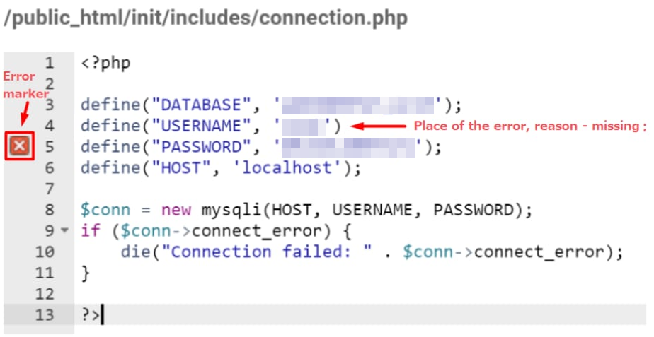 PHP code editor showing a red error marker beside a missing username value in connection.php
