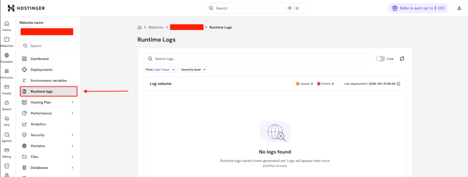 Hostinger website dashboard with Runtime logs menu item selected and no logs found