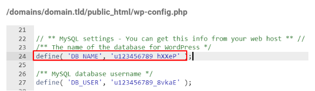 WordPress wp-config.php code showing DB_NAME constant highlighted in a red box