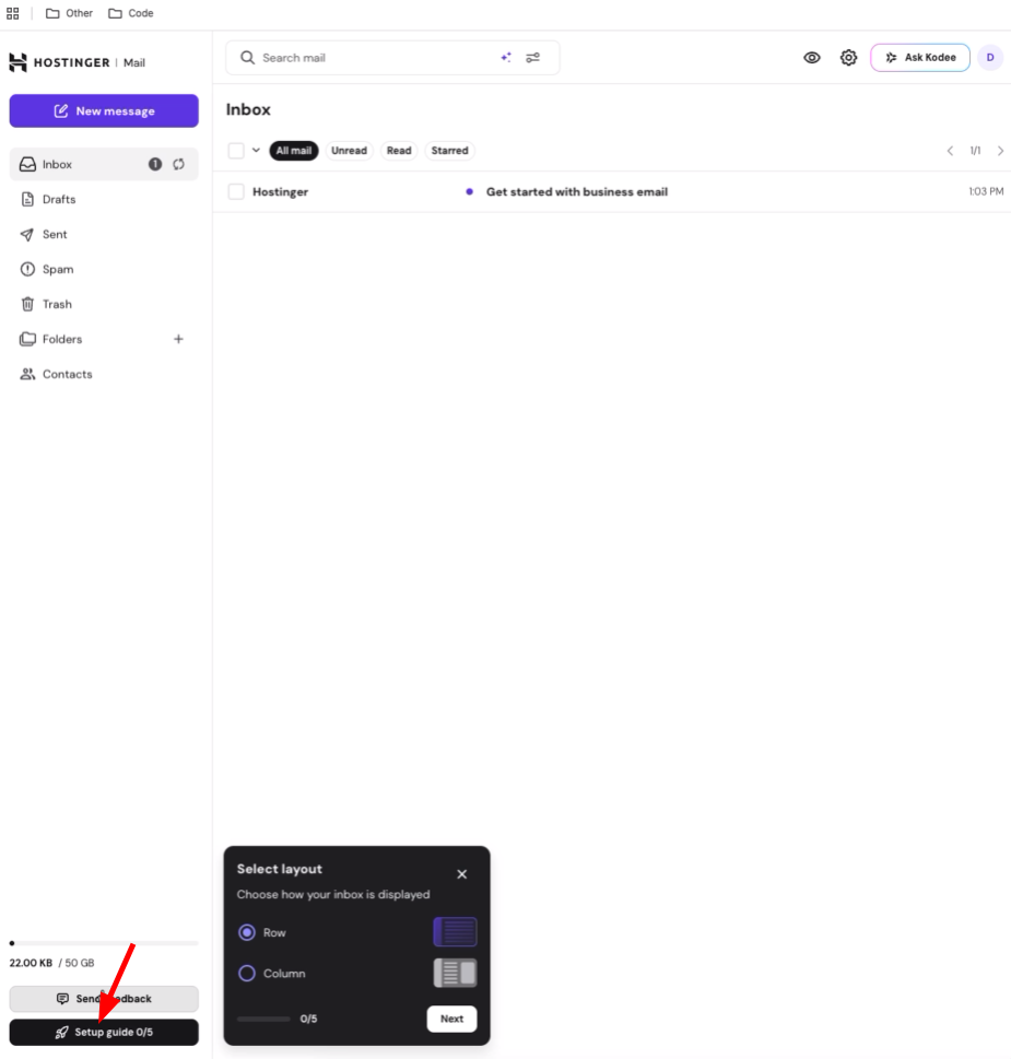 Hostinger Mail inbox with layout selection popup open, Row layout highlighted