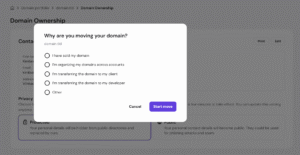 Domain ownership modal asking why you are moving your domain, with Start move button highlighted