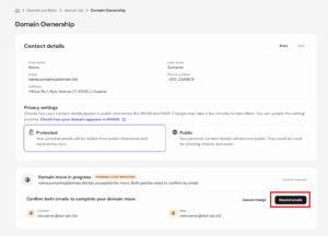 Domain Ownership page with Resend emails button highlighted in domain move confirmation section