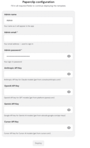 Paperclip configuration form with admin and API key fields, Deploy button disabled