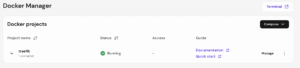 Docker Manager project list showing traefik running with manage controls